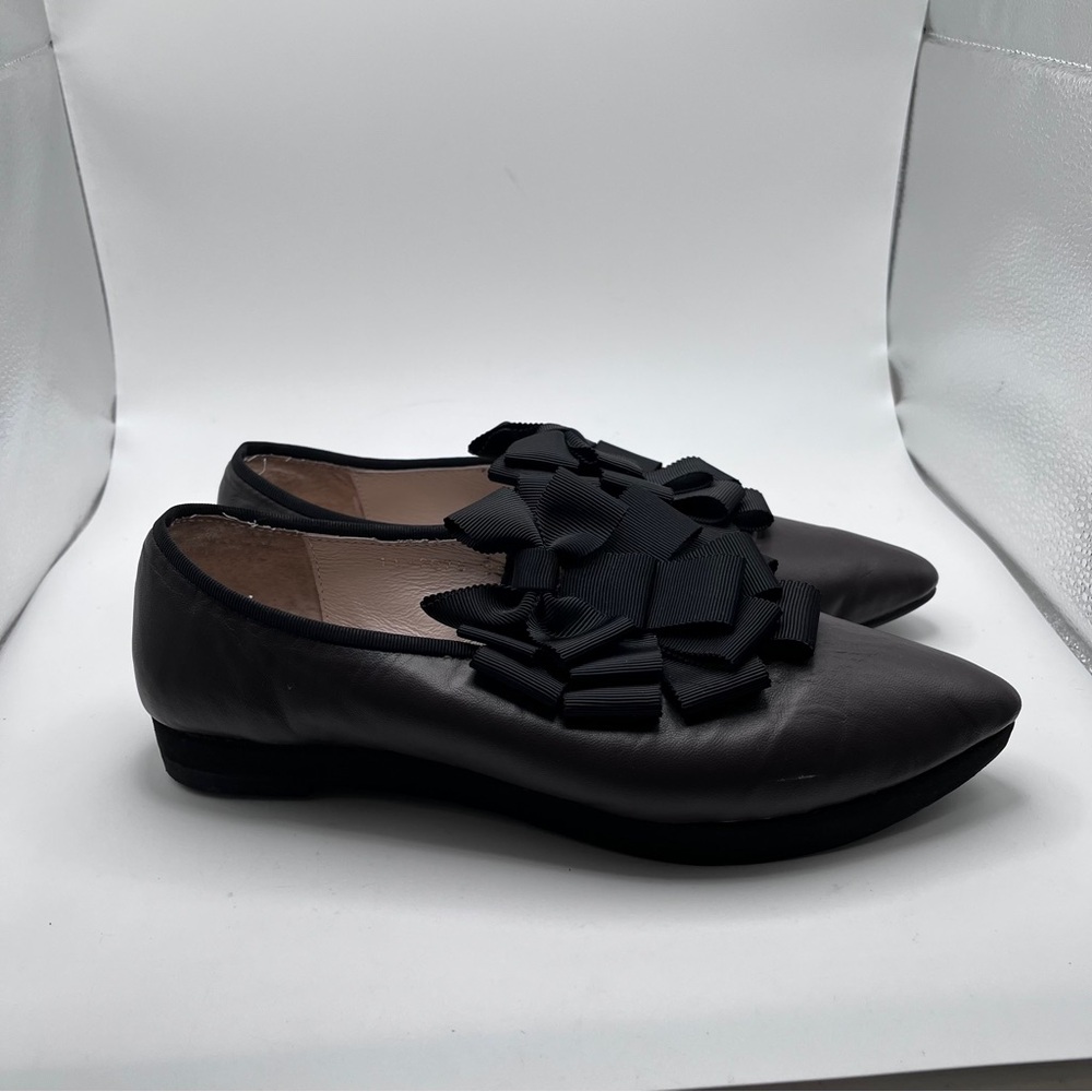 All Black flats bows point toe leather women’s size 38.5 US 8 edgy quite luxury - Picture 5 of 13